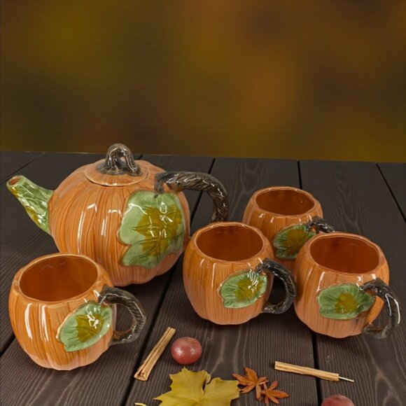 PUMPKIN TEAPOT/MUG SET -- 5 Piece, Ceramic, Autumn, Thanksgiving, Vintage - Picture 1 of 11